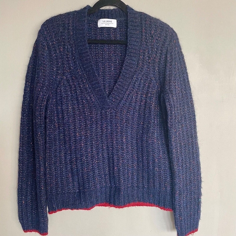 La Ligne Alpaca Wool Blend Navy Blue V-Neck Sweater